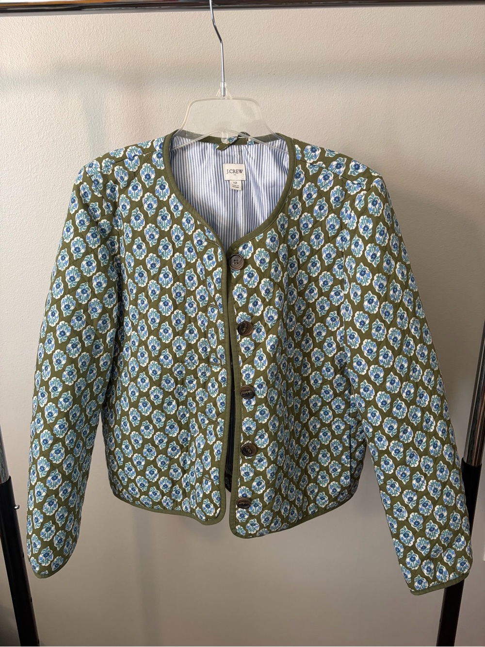 J. Crew Olive Quilted Jacket with Blue Floral Motif
